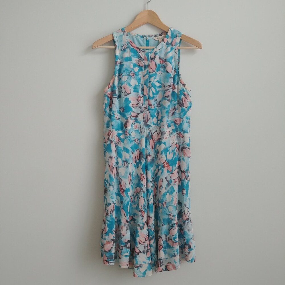Rebecca Taylor 100% silk blue pink floral sleeveless dress size 4 snap front